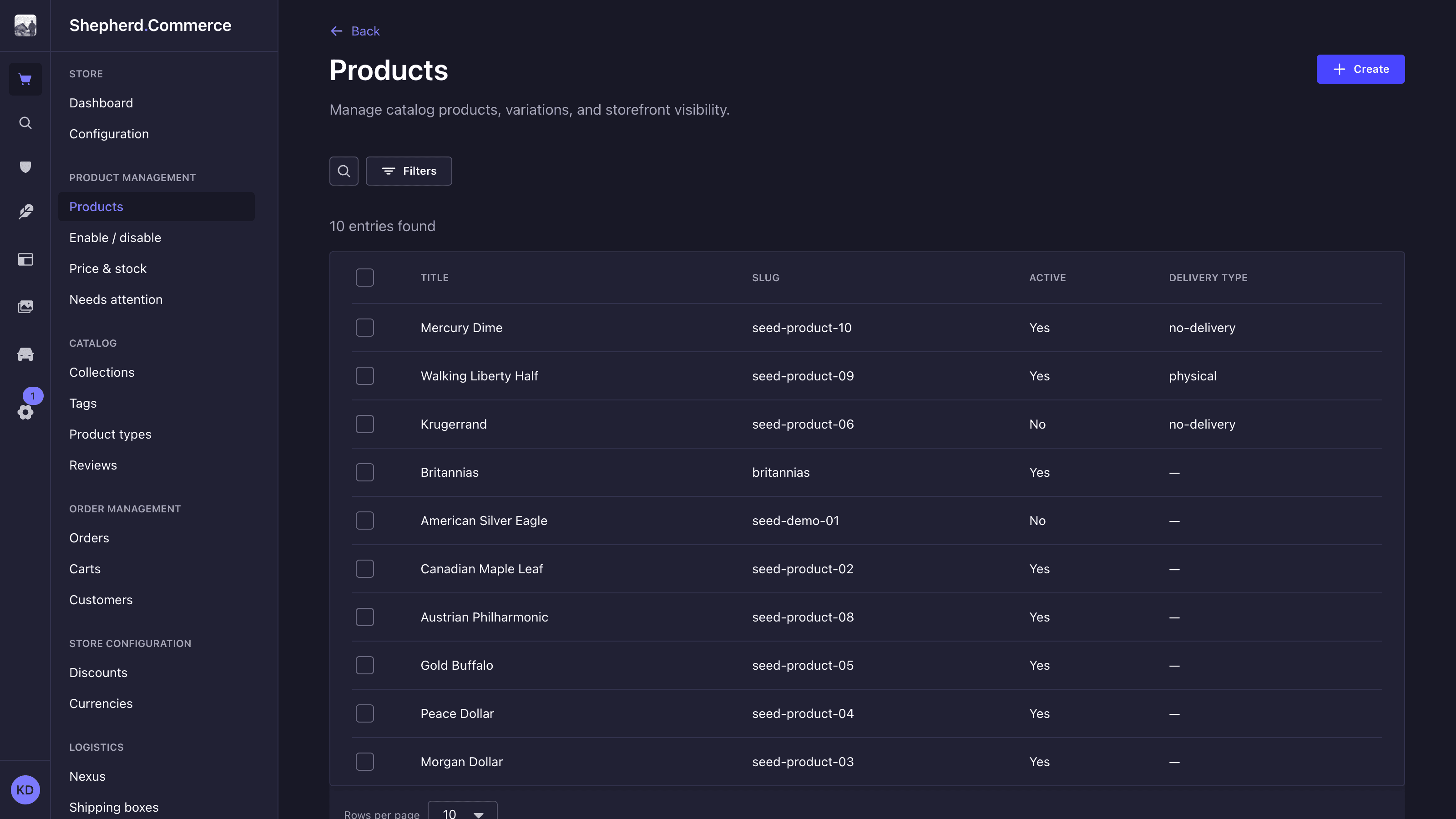 Shepherd admin product catalog list