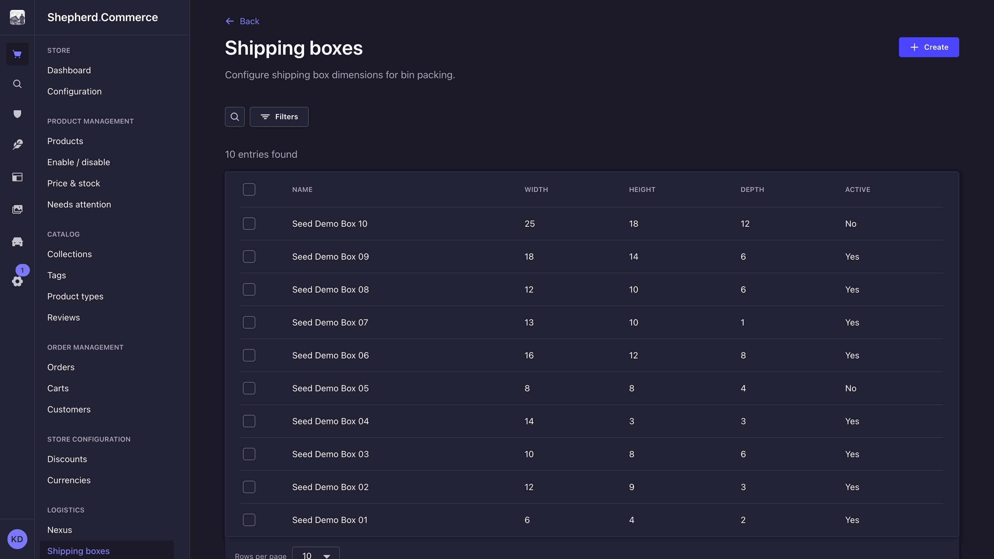 Shipping box management and carrier configuration in Shepherd admin